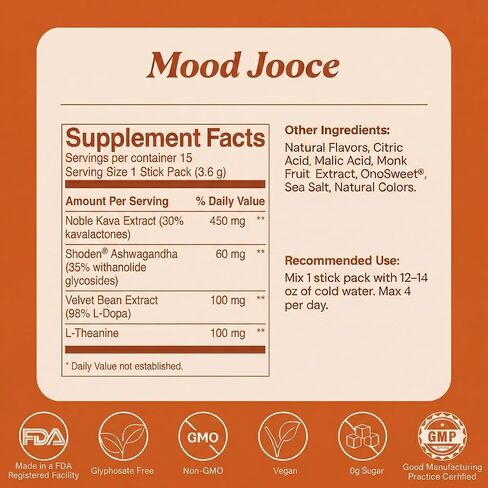 Mood Jooce Noble Kava Drink Mix - Cortisol Reducer with Kava Kava - Anxiety, Sleep & Mood Support Supplement - No Sugar - Vegan - Pineapple Mango Flavor - 15 On-the-Go Packets in Saudi Arabia