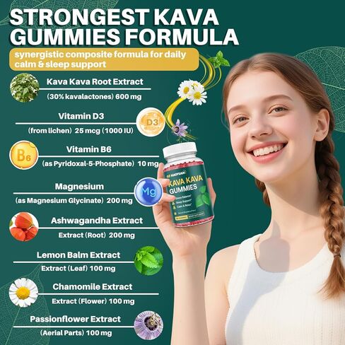 Kava Kava Gummies for Calm, Relaxation & Natural Sleep - High Potency Kava Root Extract Supplement with Ashwagandha, Magnesium & Vitamin B6, Sugar-Free, Melatonin-Free, Vegan 60 Ct in Kuwait