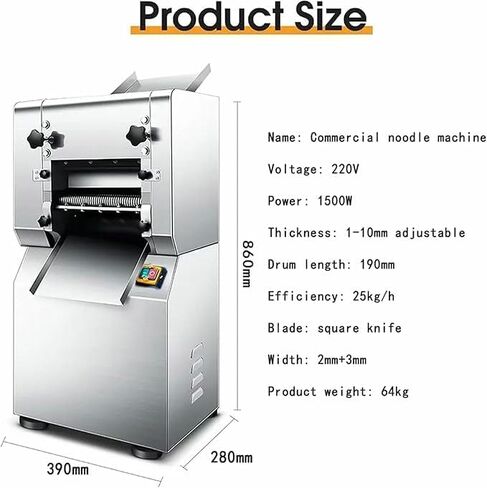 ماكينة صنع المعكرونة التجارية، ماكينة ضغط المعكرونة الكهربائية المصنوعة من الفولاذ المقاوم للصدأ بقدرة 1500 وات، سمك قابل للتعديل من 1-10 مم، قاطعة المعكرونة 25 كجم/ساعة، للمطاعم، مبيعات المصنع مباشرة in Kuwait