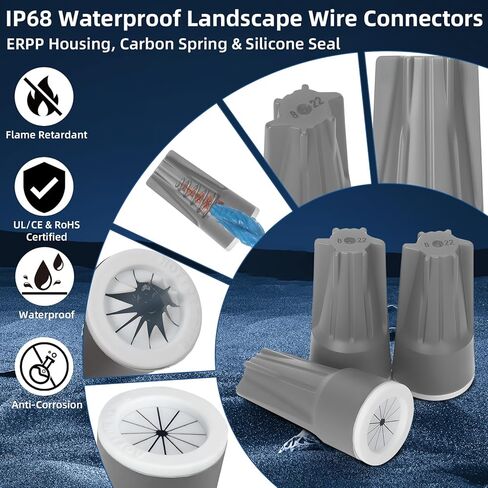 50PCS Waterproof Wire Connectors Grey 22-10AWG, IP68 Waterproof Wire Nuts for Landscape Lighting, Heavy-Duty Waterproof Electrical Connectors for Irrigation, Wet and Dusty in Kuwait
