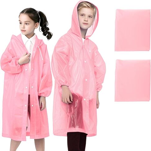 2 Pack Rain Ponchos for Kids Reusable,Thickened EVA Travel Raincoat Jacket with Hoods and Sleeves,Lightweight Light Pink Capes Ponchos for Boys and Girls Outdoor Camping Travel in Saudi Arabia