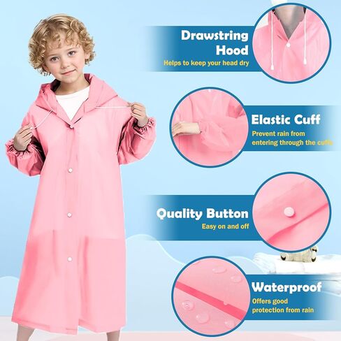 2 Pack Rain Ponchos for Kids Reusable,Thickened EVA Travel Raincoat Jacket with Hoods and Sleeves,Lightweight Light Pink Capes Ponchos for Boys and Girls Outdoor Camping Travel in Saudi Arabia