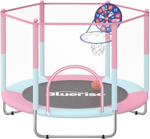 BLUERISE 60 "ترامبولين للأطفال 5FT طفل صغير الترامبولين داخلي / خارجي مع قضيب جمباز قابل للتعديل وشبكة أمان، تصميم بدون فجوة، قاعدة مضادة للانقلاب، طوق كرة السلة، هدايا للأولاد والبنات in Kuwait