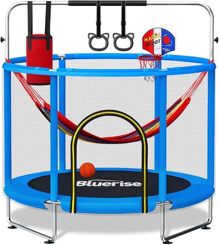 BLUERISE 60 "ترامبولين للأطفال 5FT طفل صغير الترامبولين داخلي / خارجي مع قضيب جمباز قابل للتعديل وشبكة أمان، تصميم بدون فجوة، قاعدة مضادة للانقلاب، طوق كرة السلة، هدايا للأولاد والبنات in Kuwait