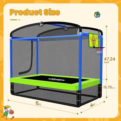 Zupapa 4X6FT Rectangle Trampoline with Basketball Hoop, and Safety Net - Indoor/Outdoor Kids Trampoline for Toddlers Ages 3-6, 220LBS Capacity, Heavy-Duty Galvanized Steel Frame in Kuwait