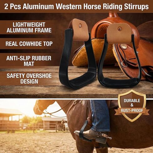 2 Pcs Aluminum Western Horse Riding Stirrups, Lightweight Overshoe Safety Design with Anti-Slip Rubber Foot Mat, Cushioned for Ankle Stress Relief Fatigue Reduction for Equestrian Saddles in Kuwait