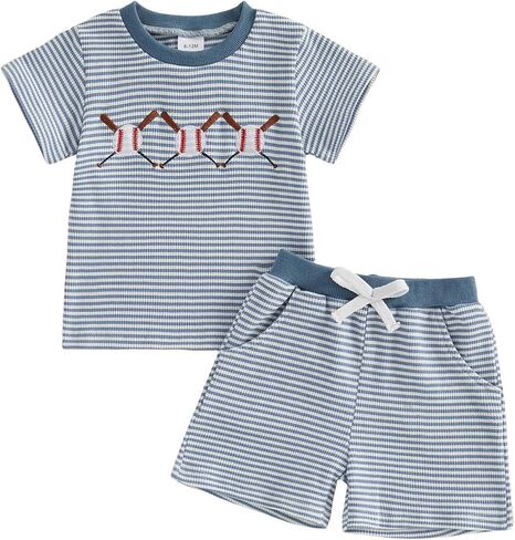 Baseball Toddler Baby Boy Girl Clothes Baseball Bat Embroidery Short Sleeve T Shirt Plaid Shorts Set Infant Clothes in Kuwait