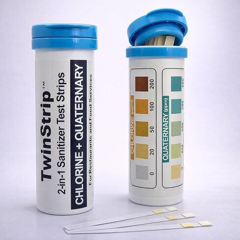 2-in-1 Quat & Chlorine Sanitizer Test Strips for Food Service, Sanitizing Solution, 3 Compartment Sinks, Restaurant Supplies, FDA Food Code Compliant, 0-200ppm Chlorine, 0-400ppm Quats, 100 Strips in Saudi Arabia