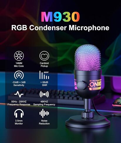 USB Condenser Microphone for PC, RGB Gaming Mic with Plug & Play, Cardioid Pickup, Real-Time Monitoring, Tap-to-Mute, Gain Control for Streaming, Podcast, Recording on PC, Mac in Kuwait
