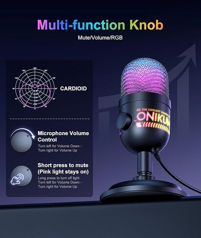 USB Condenser Microphone for PC, RGB Gaming Mic with Plug & Play, Cardioid Pickup, Real-Time Monitoring, Tap-to-Mute, Gain Control for Streaming, Podcast, Recording on PC, Mac in Kuwait