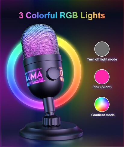 USB Condenser Microphone for PC, RGB Gaming Mic with Plug & Play, Cardioid Pickup, Real-Time Monitoring, Tap-to-Mute, Gain Control for Streaming, Podcast, Recording on PC, Mac in Kuwait