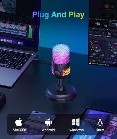 USB Condenser Microphone for PC, RGB Gaming Mic with Plug & Play, Cardioid Pickup, Real-Time Monitoring, Tap-to-Mute, Gain Control for Streaming, Podcast, Recording on PC, Mac in Kuwait