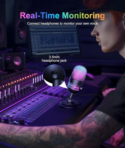 USB Condenser Microphone for PC, RGB Gaming Mic with Plug & Play, Cardioid Pickup, Real-Time Monitoring, Tap-to-Mute, Gain Control for Streaming, Podcast, Recording on PC, Mac in Kuwait