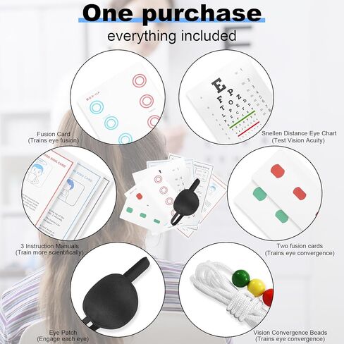 Vision Convergence Beads Training Kit ,Snellen Eye Chart, 2 Strabismus Correction Cards & Eye Patch,for Vision Convergence Insufficiency，Eye Muscle Strengthening, Focus Exercise and Agility. in Kuwait
