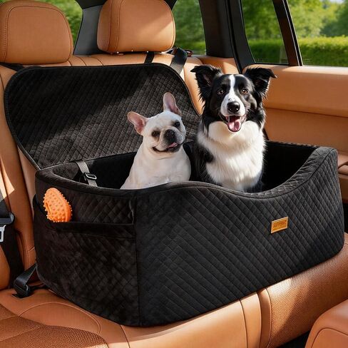 Dog Car Seat for Large Dogs up to 55 lbs or 2 Small Dogs with 4" Memory Foam, Medium Pet Booster Seat Cover with Triple Safety Belts, Adjustable Leashes, Detachable/Washable (Dark Black, Large) in Kuwait