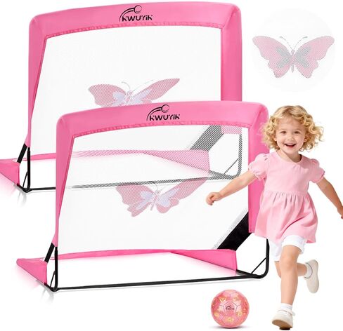 مجموعة أهداف كرة القدم للأطفال مع حجم 2 كرة قدم فراشة أرجوانية وردية لامعة ومضخة 2 × 1.5 قدم شبكات كرة قدم محمولة مطبوعة على شكل فراشة للأطفال الصغار الذين تتراوح أعمارهم بين 3-5 سنوات in Kuwait