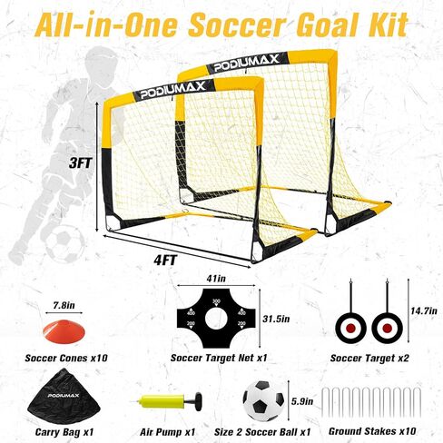PodiuMax Kids Soccer Goal Set of 2, 4x3ft Pop up Portable Soccer Goals for Backyard, Soccer Net for Kids Age 3 4 5 6 7 8, Toddler Soccer Goal Gift with 1 Ball, 1 Target Net, 10 Cones, 2 Targets in Kuwait