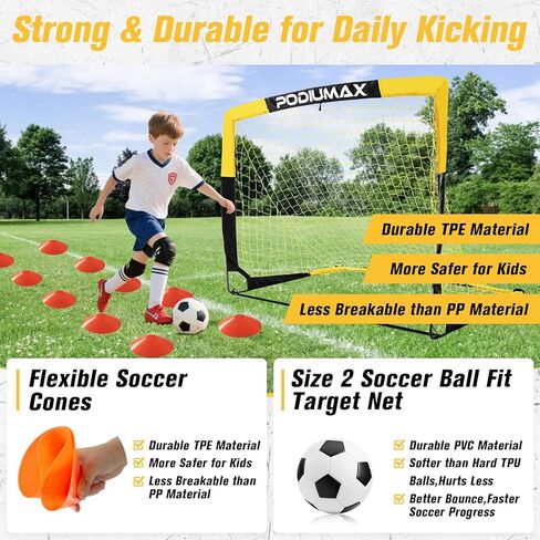 PodiuMax Kids Soccer Goal Set of 2, 4x3ft Pop up Portable Soccer Goals for Backyard, Soccer Net for Kids Age 3 4 5 6 7 8, Toddler Soccer Goal Gift with 1 Ball, 1 Target Net, 10 Cones, 2 Targets in Kuwait