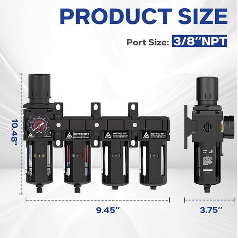 3/8'' NPT 4 Stage Air Drying System,5μ Brass Filter&0.01μ Coalescing Filter,Double Desiccant Dryers & Air Regulator,Metal Bowl,Semi-Auto Drain,for Paint Spray＆ Plasma Cutter(Black) in Kuwait