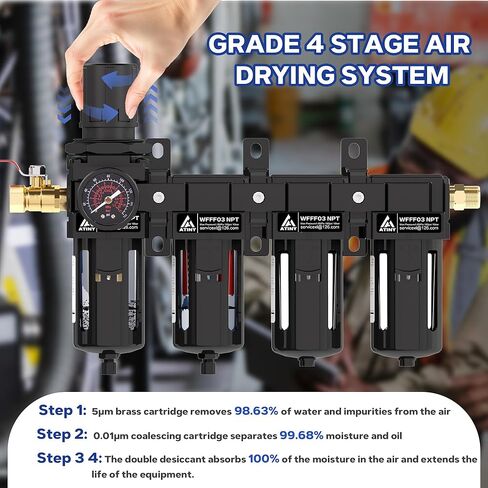 3/8'' NPT 4 Stage Air Drying System,5μ Brass Filter&0.01μ Coalescing Filter,Double Desiccant Dryers & Air Regulator,Metal Bowl,Semi-Auto Drain,for Paint Spray＆ Plasma Cutter(Black) in Kuwait
