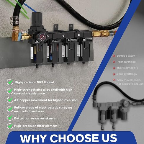 3/8'' NPT 4 Stage Air Drying System,5μ Brass Filter&0.01μ Coalescing Filter,Double Desiccant Dryers & Air Regulator,Metal Bowl,Semi-Auto Drain,for Paint Spray＆ Plasma Cutter(Black) in Kuwait