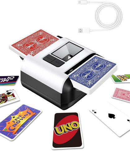 ماكينة خلط البطاقات الأوتوماتيكية مع الأوضاع التلقائية واليدوية - ماكينة خلط البطاقات الكهربائية الهادئة والقابلة لإعادة الشحن والمحمولة لمدة 1-2 طابق | مثالية للبوكر، أونو، بلاك جاك، سكيب بو، المرحلة 10، ليلة الألعاب المنزلية in Kuwait