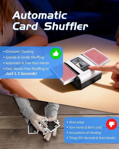 ماكينة خلط البطاقات الأوتوماتيكية مع الأوضاع التلقائية واليدوية - ماكينة خلط البطاقات الكهربائية الهادئة والقابلة لإعادة الشحن والمحمولة لمدة 1-2 طابق | مثالية للبوكر، أونو، بلاك جاك، سكيب بو، المرحلة 10، ليلة الألعاب المنزلية in Kuwait