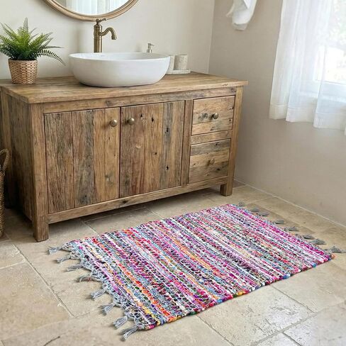 100% Cotton Rag Rug 2x3' Washable Multicolor Chindi Rug - Hand Woven & Reversible for Living Room Kitchen Entryway Rug -Multi Color, Farmhouse Rug. in Kuwait
