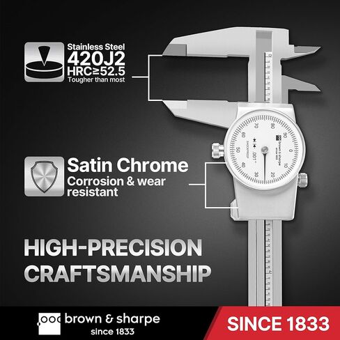 Brown & Sharpe 8-Inch Dial Caliper – Precision Stainless Steel Measuring Tool, White Dial, 0.001" Resolution, Hardened Construction, Shockproof Movement. in Saudi Arabia