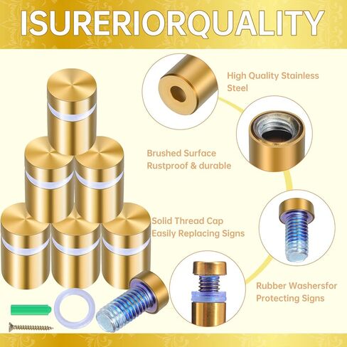 8 قطع من براغي المواجهة، حامل من الفولاذ المقاوم للصدأ، أجهزة تثبيت على الحائط، مسمار زجاجي للتعليق على لوحات لافتات الأكريليك الزجاجية إطار الصورة، ذهبي مصقول، 1/2 بوصة × 0.78 بوصة in Kuwait