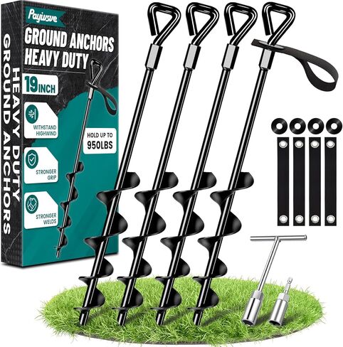 19-Inch Ground Anchors Heavy Duty, Trampoline Stakes Anchors Screw-in for High Wind, Earth Anchor with Strong Straps for Swing Sets, Trampolines, Mobile Home, Sheds, Carports(4x19in) in Kuwait