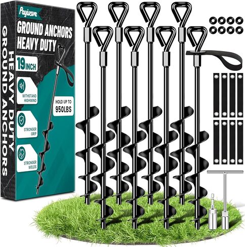 19-Inch Ground Anchors Heavy Duty, Trampoline Stakes Anchors Screw-in for High Wind, Earth Anchor with Strong Straps for Swing Sets, Trampolines, Mobile Home, Sheds, Carports(4x19in) in Saudi Arabia