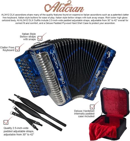 زي Alacran NAL3412 DLX Accordion: 34 زرًا، 12 أكورديون جهير مع علبة وأشرطة (Mi/EAD، أزرق داكن لؤلؤي) in Kuwait