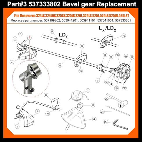 Gearbox 537333802 Replacement fits for Husqvarna 324LX, 324LDX, 325CX, 325LX, 326L, 326LS, 525L, 525LS, 525LK, 525LST No. 537199202 / 503941201 / 503941101 / 537041001 / Weed Eater String Trimmers in Kuwait