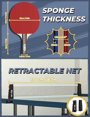 Glymnis Ping Pong Paddles Set, Ping Pong Balls with Retractable Net,Table Tennis Rackets with Carry Bag, Indoor/Outdoor Table Tennis Game Accessories in Kuwait