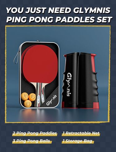 Glymnis Ping Pong Paddles Set, Ping Pong Balls with Retractable Net,Table Tennis Rackets with Carry Bag, Indoor/Outdoor Table Tennis Game Accessories in Kuwait