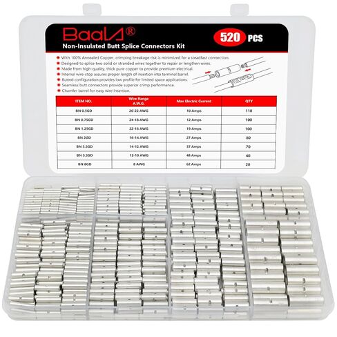 BAALA 520 PCS Non Insulated Butt Connectors Kit,26-8 Gauge Butt Splice Connector Uninsulated Wire Splice Connectors, Tinned Copper Marine Grade Seamless Barrel Crimping Butt Terminals in Saudi Arabia