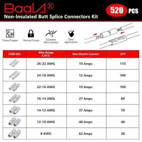 BAALA 520 PCS Non Insulated Butt Connectors Kit,26-8 Gauge Butt Splice Connector Uninsulated Wire Splice Connectors, Tinned Copper Marine Grade Seamless Barrel Crimping Butt Terminals in Saudi Arabia