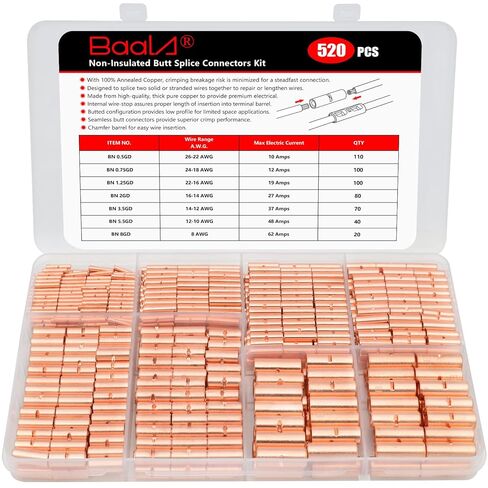 BAALA 520 PCS Non Insulated Butt Connectors Kit,26-8 Gauge Butt Splice Connector Uninsulated Wire Splice Connectors, Tinned Copper Marine Grade Seamless Barrel Crimping Butt Terminals in Saudi Arabia