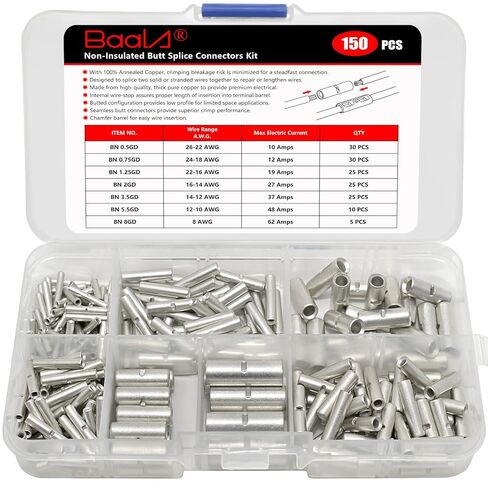 BAALA 520 PCS Non Insulated Butt Connectors Kit,26-8 Gauge Butt Splice Connector Uninsulated Wire Splice Connectors, Tinned Copper Marine Grade Seamless Barrel Crimping Butt Terminals in Saudi Arabia