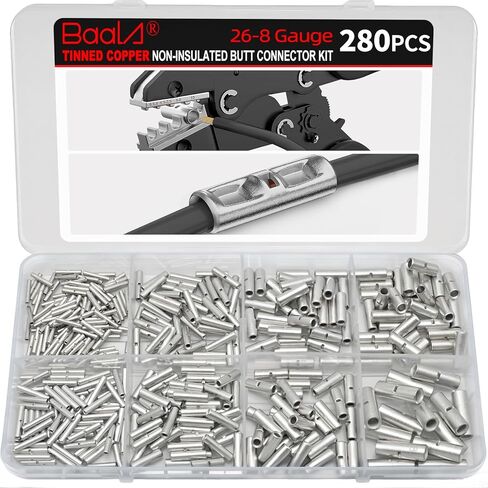 BAALA 520 PCS Non Insulated Butt Connectors Kit,26-8 Gauge Butt Splice Connector Uninsulated Wire Splice Connectors, Tinned Copper Marine Grade Seamless Barrel Crimping Butt Terminals in Saudi Arabia