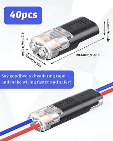 40PCS Pluggable Low Voltage Wire Connectors,Double Wire Plug in Connector with Locking Buckle,Led Light Strip Connectors 2 Pin,Fits 24-20 AWG Stranded,No Wire Stripping Cutting. in Kuwait