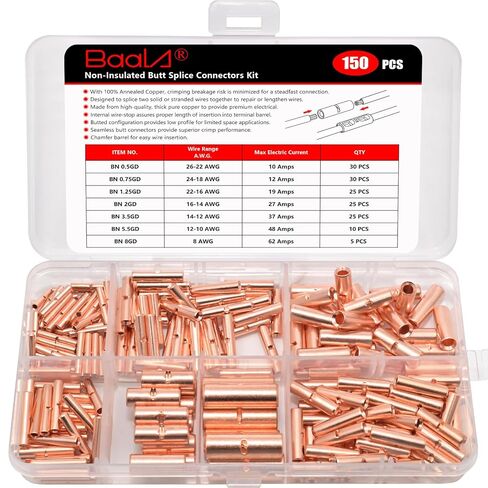 BAALA 520 PCS Non Insulated Butt Connectors Kit,26-8 Gauge Butt Splice Connector Uninsulated Wire Splice Connectors, Tinned Copper Marine Grade Seamless Barrel Crimping Butt Terminals in Saudi Arabia