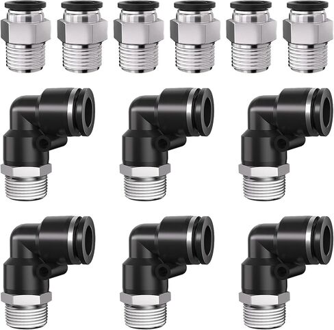 3/8 "أنبوب OD إلى 1/4" NPT دفع الموضوع لتوصيل التركيبات، تركيبات خرطوم هواء سريع هوائي، ذكر مستقيم + كوع، PC+PL (12 قطعة) in Kuwait