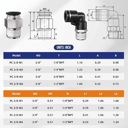 3/8 "أنبوب OD إلى 1/4" NPT دفع الموضوع لتوصيل التركيبات، تركيبات خرطوم هواء سريع هوائي، ذكر مستقيم + كوع، PC+PL (12 قطعة) in Kuwait