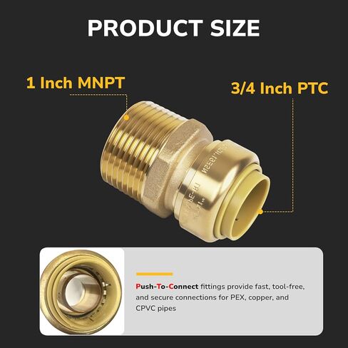 3/4" PTC to 1" NPT Male Reducing Adapter Push-Fit, Push to Connect Brass Plumbing Fitting for Copper, CPVC, PEX Pipes, With Upgraded Stiffener, Disconnect Clip Included, NSF & UPC Certified in Kuwait