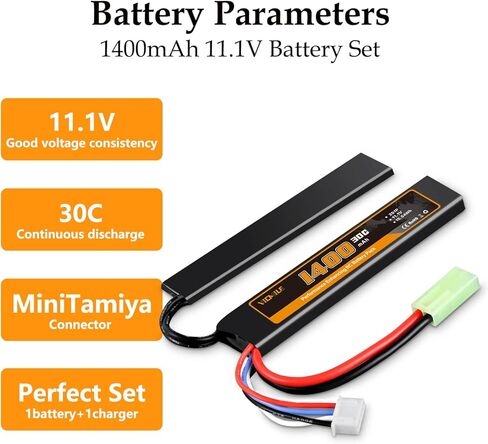 3S Airsoft Battery 11.1V 1400mAh Lipo Battery with Mini Tamiya Plug Rechargeable 30C High Discharge Rate Lipo Battery with Charger Fit for Airsoft Model Guns in Kuwait