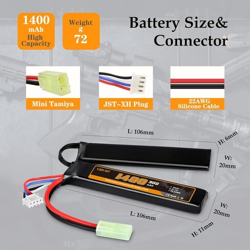 3S Airsoft Battery 11.1V 1400mAh Lipo Battery with Mini Tamiya Plug Rechargeable 30C High Discharge Rate Lipo Battery with Charger Fit for Airsoft Model Guns in Kuwait