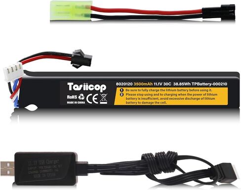 Airsoft Gel Blaster Battery - 11.1V 3500mAh Airsoft Lipo Batteries for Water Bead Splat Ball Splatter with Mini Tamiya Connector to SM-2P Plug Rechargeable Charging Cable in Kuwait