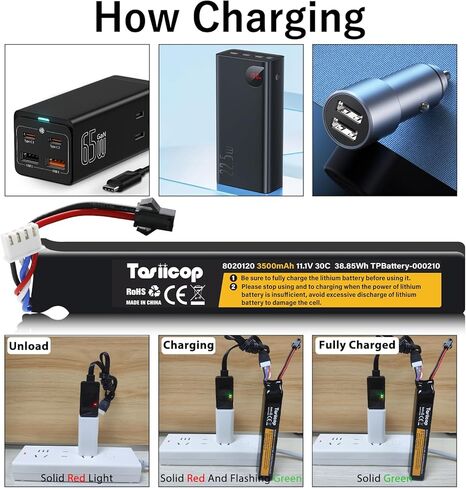 Airsoft Gel Blaster Battery - 11.1V 3500mAh Airsoft Lipo Batteries for Water Bead Splat Ball Splatter with Mini Tamiya Connector to SM-2P Plug Rechargeable Charging Cable in Kuwait